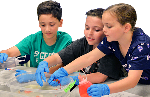 Three kids get their blue gloves dirty for science.