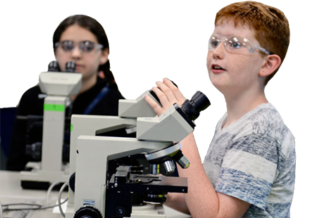 A boy and a girl experiment, using microscopes.
